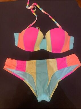 Victoria's Secret Neon Colorblock Push-Up Bikini - Pink, Coral & Aqua